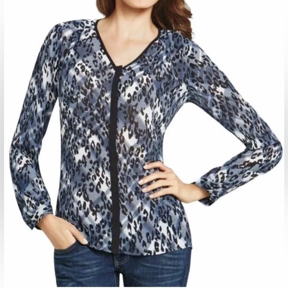 CABI Fatale Black Blue Sheer Animal Print Long Sleeve Shirt Style 977 Size Small